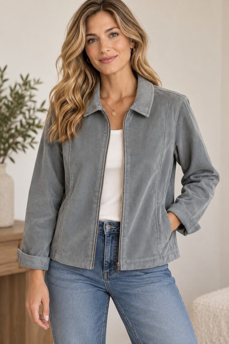 Christopher & Banks Petite grey corduroy full zip jacket Large business casual